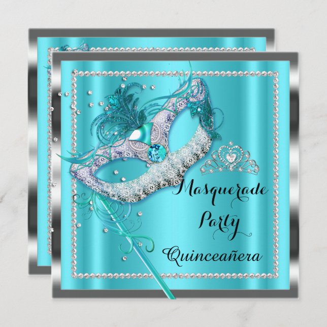 Teal Blue Masquerad Quinceanera Party Mask 2 Inbjudningar (Fram/baksida)