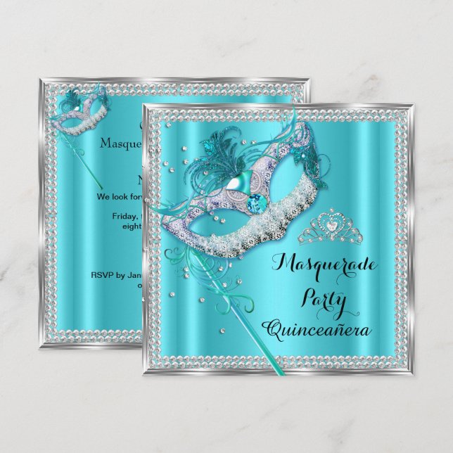 Teal Blue Masqueramasken Quinceanera Party Inbjudningar (Fram/baksida)