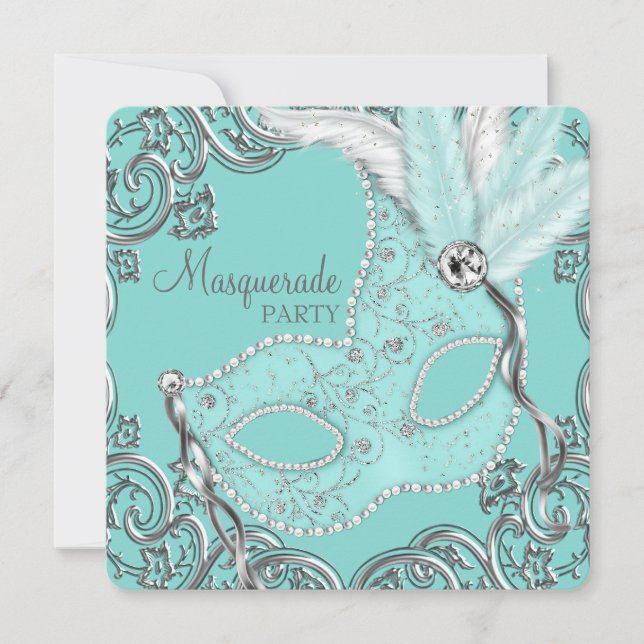 Teal Blue MasqueraParty Inbjudningar (Framsida)
