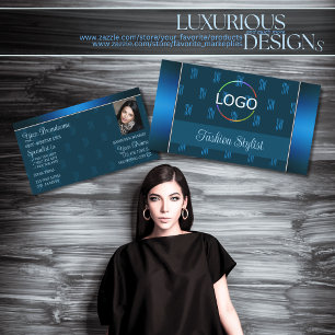 Teal Blue med Logotyp Photo och Monogram Mönster Visitkort