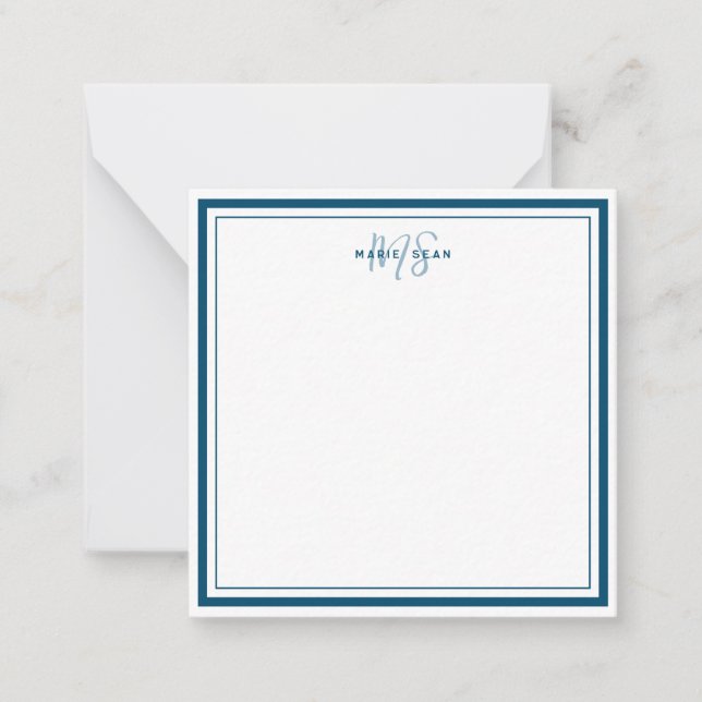 Teal Blue Minimalist, enkelt monogram två Gräns Anteckningskort (Framsida)
