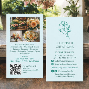 Teal blue minimalist florist-foton qr-kod visitkort