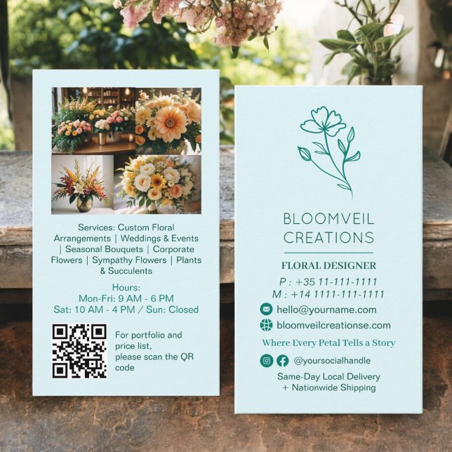 Teal blue minimalist florist-foton qr-kod visitkort (Teal blue minimalist florist photos qr code business card)