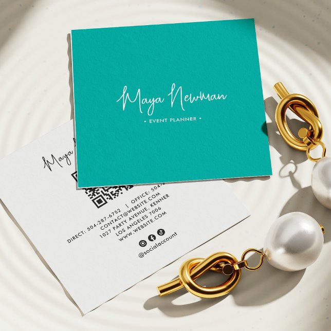 TEAL BLUE Modern CHIC Minimal QR-kod Fyrkantigt Visitkort (Skapare uppladdad)