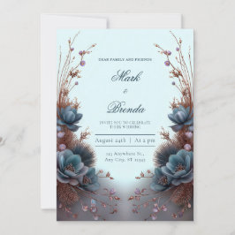 Teal Blue Modern Symmetrical Botanical Wedding Inbjudningar