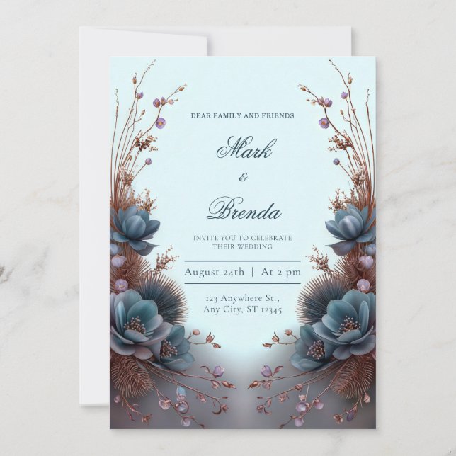 Teal Blue Modern Symmetrical Botanical Wedding Inbjudningar (Framsida)