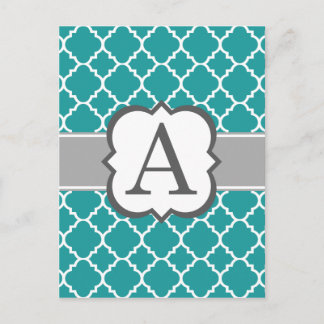Teal Blue Monogram Brev A Quatrefoil Vykort
