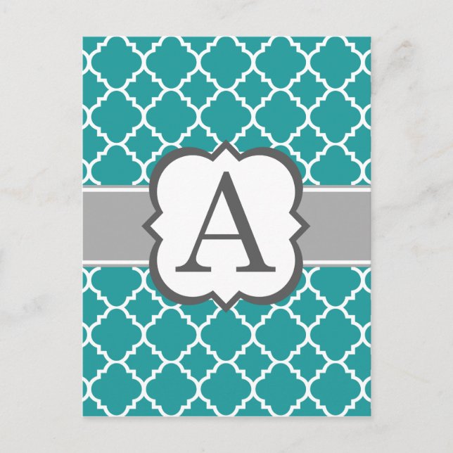 Teal Blue Monogram Brev A Quatrefoil Vykort (Framsida)
