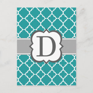 Teal Blue Monogram Brev D Quatrefoil Vykort