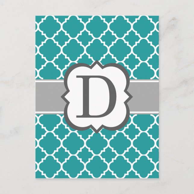 Teal Blue Monogram Brev D Quatrefoil Vykort (Framsida)