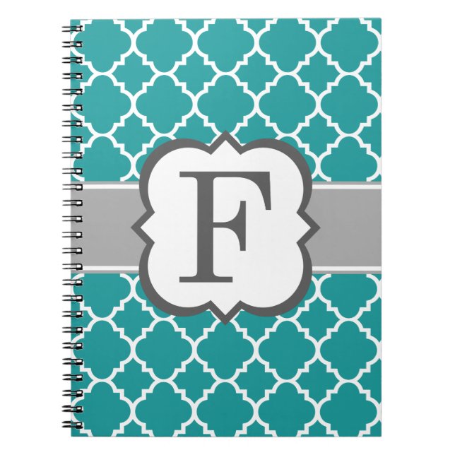 Teal Blue Monogram Brev F Quatrefolie Anteckningsbok (Framsidan)