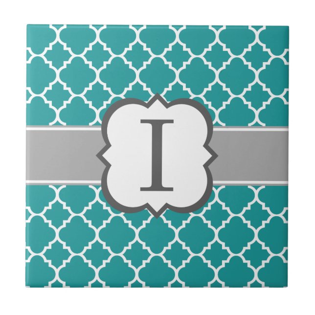 Teal Blue Monogram Brev I Quatrefolie Kakelplatta (Framsidan)