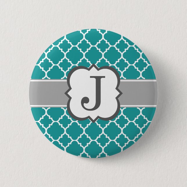 Teal Blue Monogram Brev J Quatrefoliil Knapp (Framsida)
