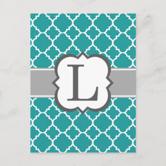 Teal Blue Monogram Brev L Quatrefoil Vykort