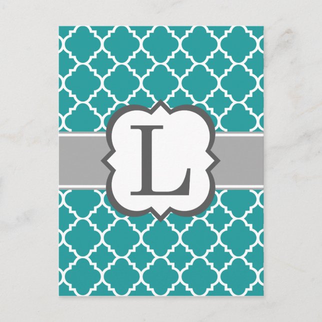 Teal Blue Monogram Brev L Quatrefoil Vykort (Framsida)