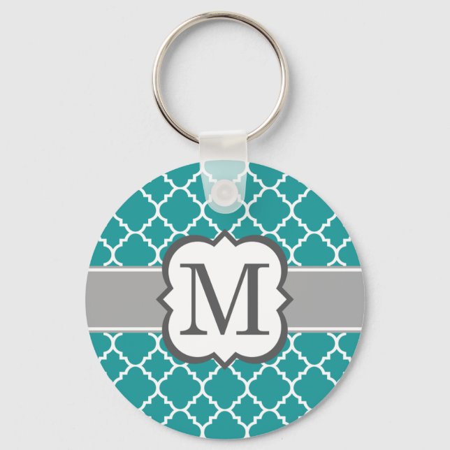 Teal Blue Monogram Brev M Quatrefoil Nyckelring (Framsida)