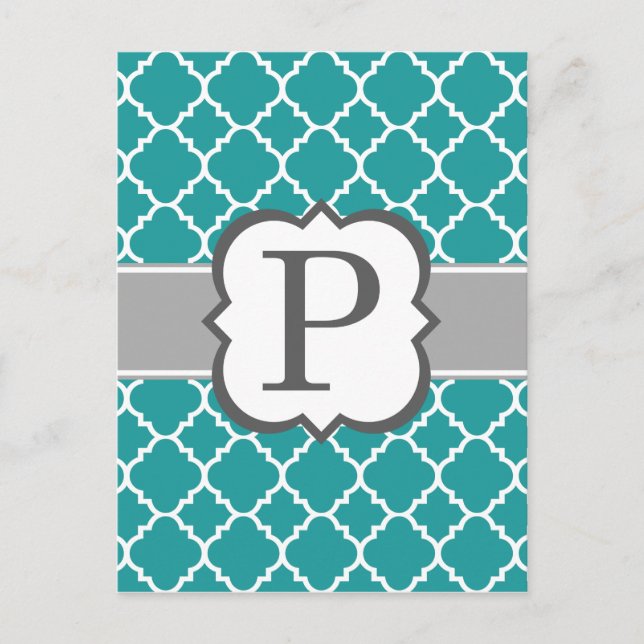 Teal Blue Monogram Brev P Quatrefoil Vykort (Framsida)