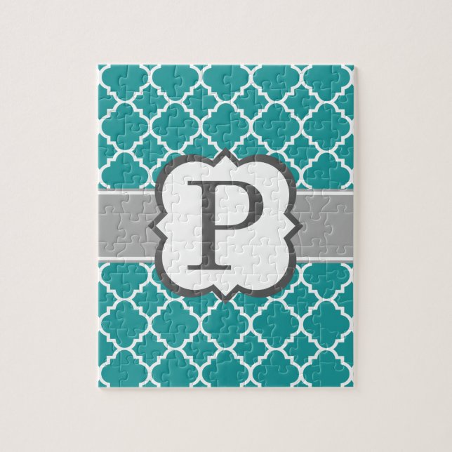 Teal Blue Monogram Brev P Quatrefolie Pussel (Vertikal)