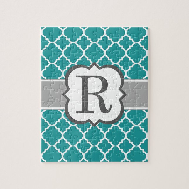 Teal Blue Monogram Brev R Quatrefolie Pussel (Vertikal)