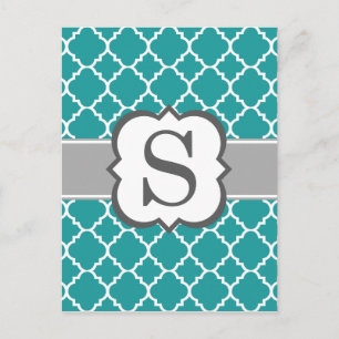Teal Blue Monogram Brev S Quatrefoil Vykort