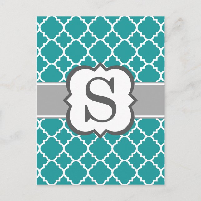 Teal Blue Monogram Brev S Quatrefoil Vykort (Framsida)