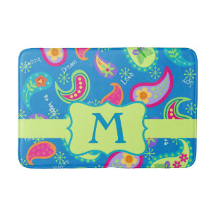 Teal Blue Monogram Modern Paisley Mönster Badrumsmatta