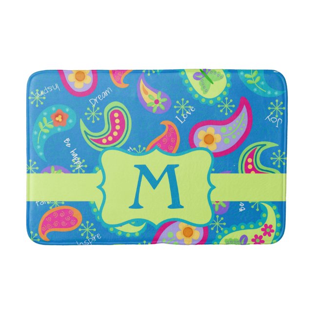 Teal Blue Monogram Modern Paisley Mönster Badrumsmatta (Framsidan)