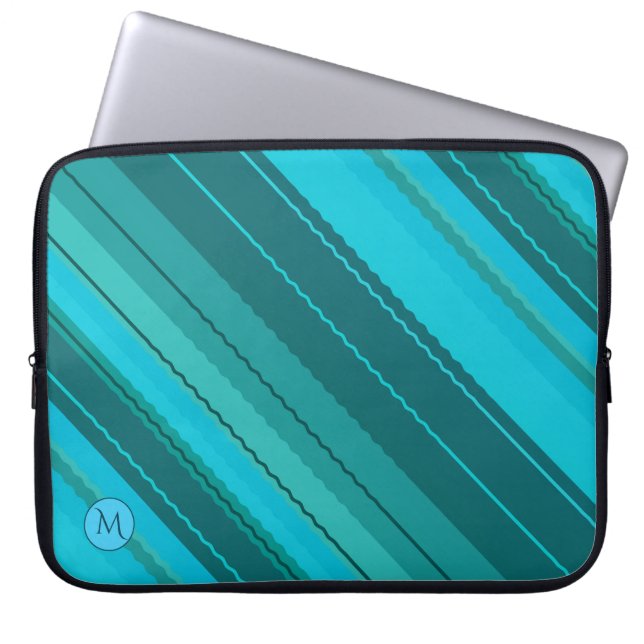 Teal Blue Monogram stripe Laptop sleeve (Framsidan)
