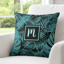 Teal blue monogram tropiska handflatan löv mönster kudde