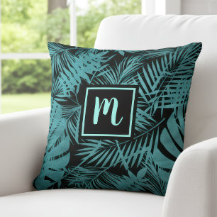 Teal blue monogram tropiska handflatan löv mönster kudde