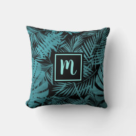 Teal blue monogram tropiska handflatan löv mönster kudde