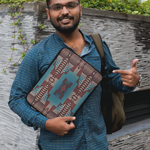Teal Blue Mörk Burgundy Red Tribal Mosaic Mönster Laptop Sleeve