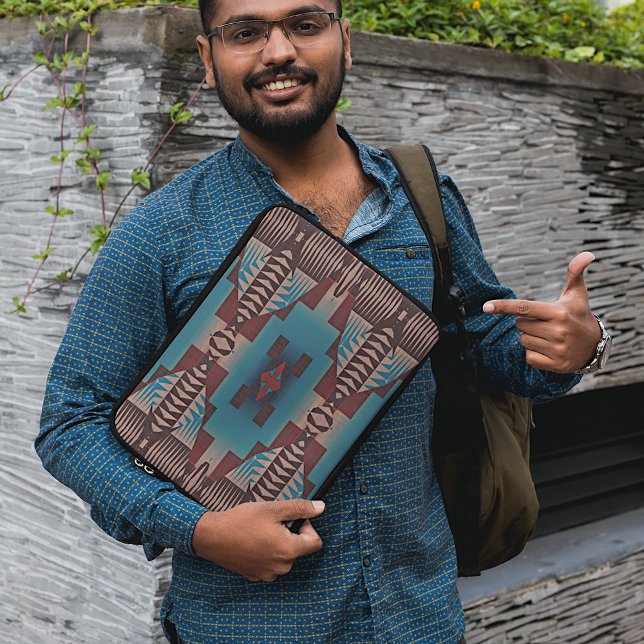 Teal Blue Mörk Burgundy Red Tribal Mosaic Mönster Laptop Sleeve (Skapare uppladdad)