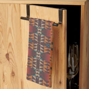Teal Blue Mörk Red Beige Brown Orange Tribal Art Kökshandduk