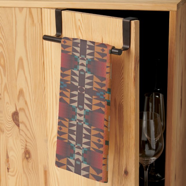 Teal Blue Mörk Red Beige Brown Orange Tribal Art Kökshandduk (Thirds Fold)