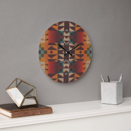 Teal Blue Mörk Red Beige Brown Orange Tribal Art Stor Klocka