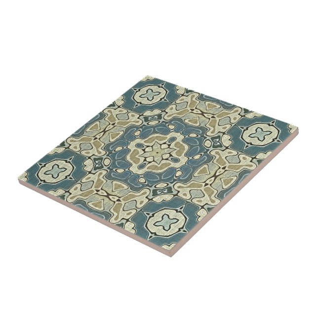 Teal Blue Mustard Grönt Ochre Ethnic Tribe Art Kakelplatta (Sidan)