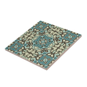 Teal Blue Mustard Grönt Ochre Ethnic Tribe Art Kakelplatta