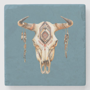 Teal Blue Native Tribal Bull Horns Skull Stenunderlägg
