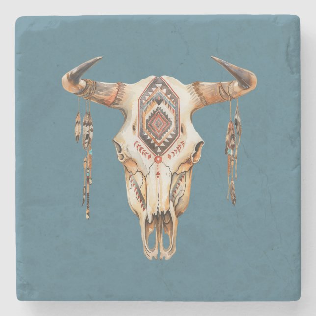 Teal Blue Native Tribal Bull Horns Skull Stenunderlägg (Framsidan)