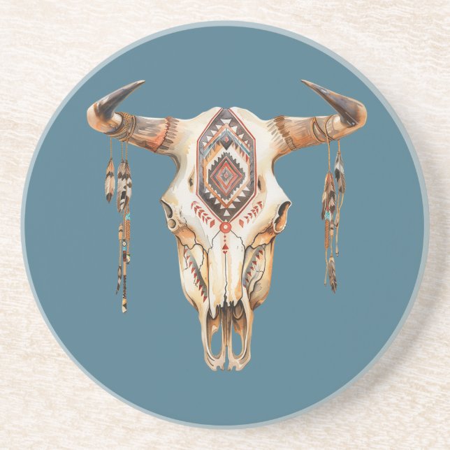 Teal Blue Native Tribal Bull Horns Skull Underlägg (Framsidan)