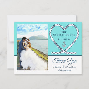 Teal Blue Nautical Heart Anchor Bröllop Tack Kort