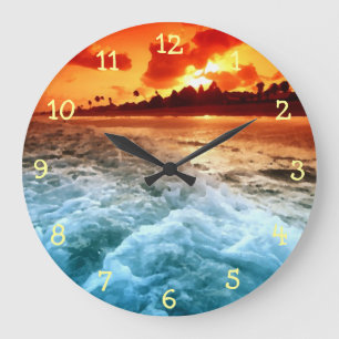 Teal Blue Ocean Surfa Orange Sunset Stor Klocka