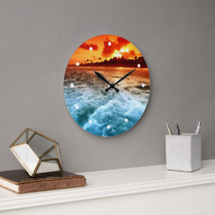 Teal Blue Ocean Surfa Orange Sunset Stor Klocka