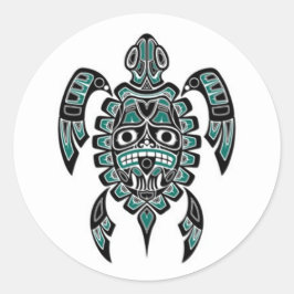 Teal Blue och Black Haida Spirit Sea Turtle Runt Klistermärke