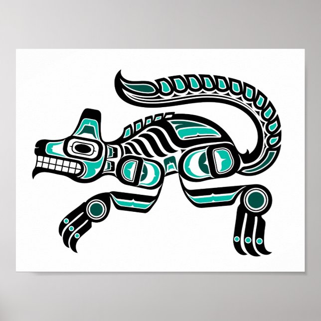 Teal Blue och Black Haida Spirit Varg Poster (Framsidan)