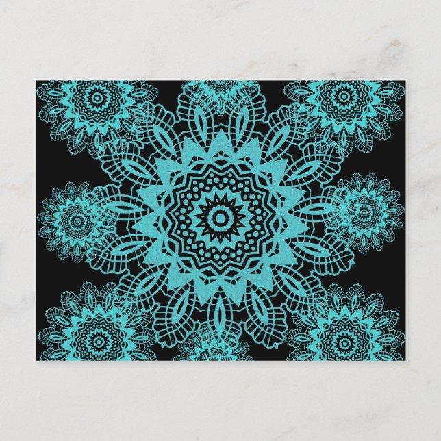 Teal Blue och Black Snöre Snowflake Mandala Vykort (Framsida)