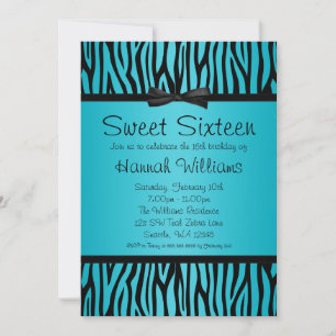 Teal Blue och Black Zebra Bow Sweet 16 födelsedaga Inbjudningar