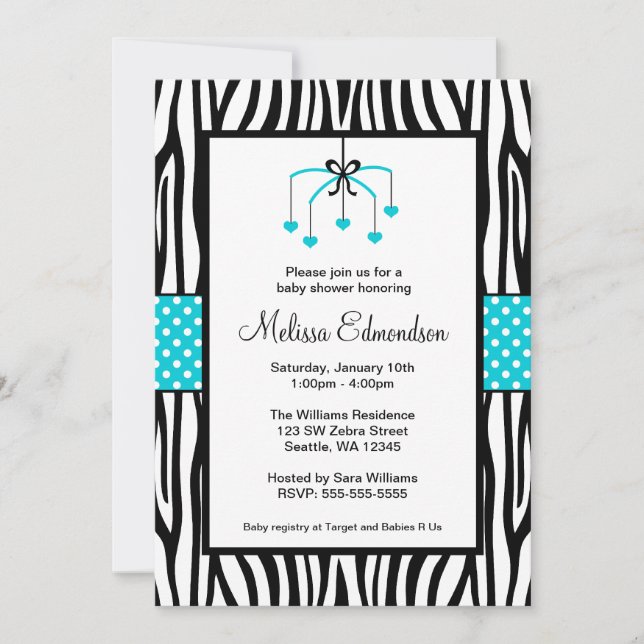 Teal Blue och Black Zebra Heart Mobile Baby Shower Inbjudningar (Framsida)