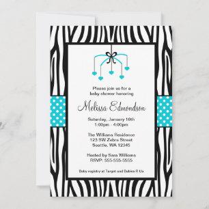 Teal Blue och Black Zebra Heart Mobile Baby Shower Inbjudningar